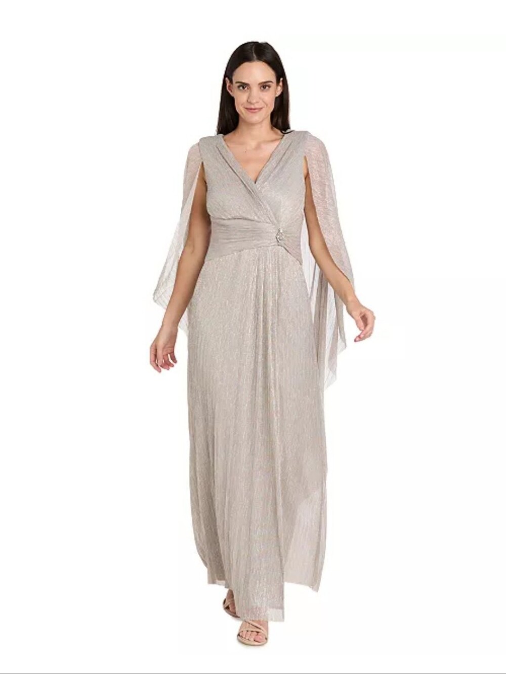 R&M Richards NWT Metallic Champagne Dress Size 14 Cape Sleeve Formal $139